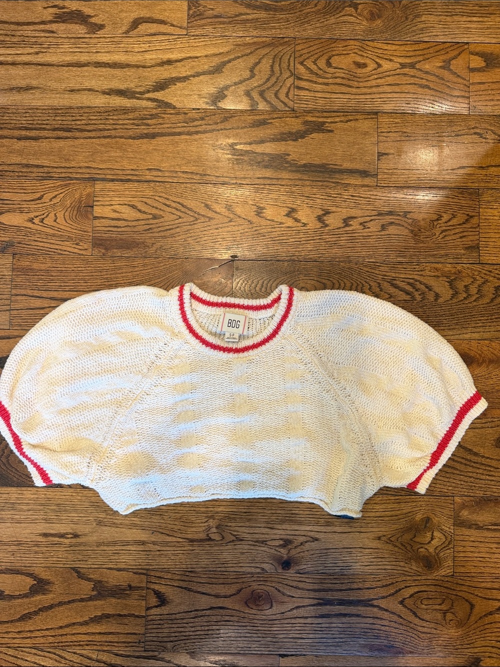 BDG White Knit Cropped Crewneck Sweater with Red Trim